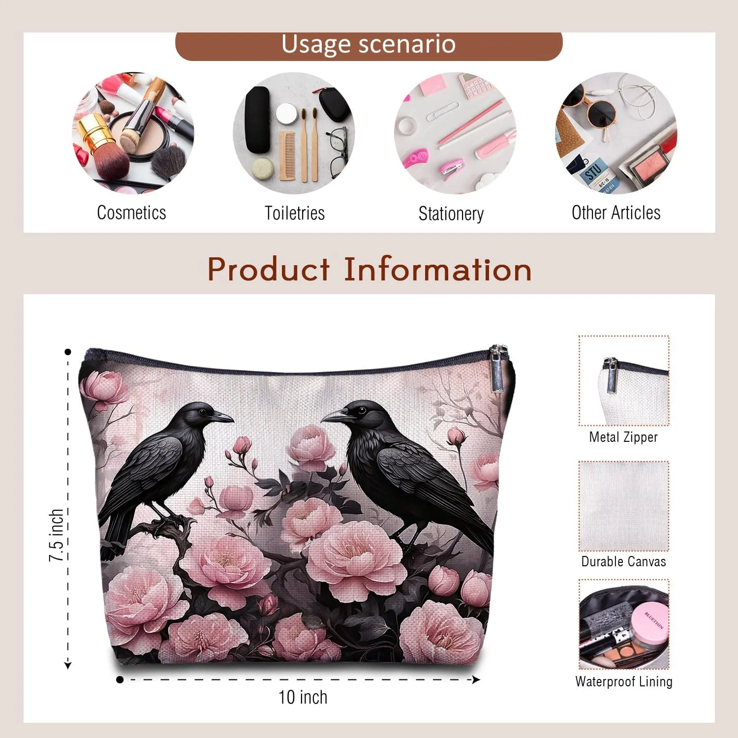 Raven Couple Makeup Bag - Goth Gifts, Pink Flower Couple Goth Makeup Bag, Raven Crow Lover Gifts for Women, Flowers Raven Cosmetic Bag for Travel Bag
