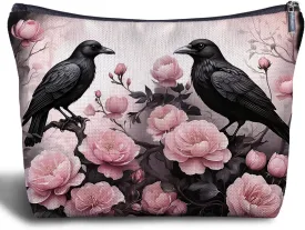 Raven Couple Makeup Bag - Goth Gifts, Pink Flower Couple Goth Makeup Bag, Raven Crow Lover Gifts for Women, Flowers Raven Cosmetic Bag for Travel Bag