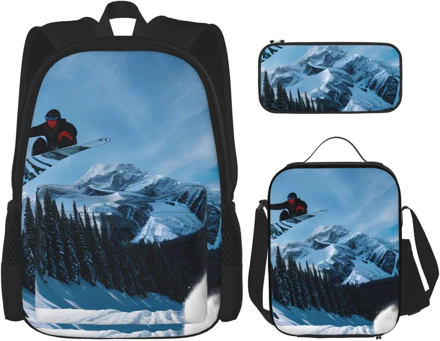 Snowboarding Print Pencil Case Lightweight Casual Fashion Backpack Lunch Bag Large Capacity Travel Bag
