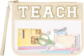 Teacher Appreciation Gifts TEACH Chenille Letter Clear Makeup Bag Pouch, Monogram PVC Clear Zipper Pouch with Wristlet Travel Cosmetic Bag Graduation Retirement Teacher Gifts for Women(TEACH-Beige)