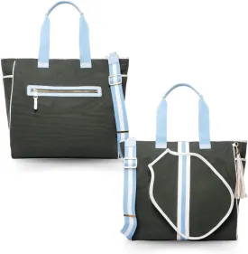 Trelle Bestie Pickleball Tote Bag, Eco-friendly, Waterproof, Adjustable Crossbody Strap Racquet Ladies Bag | Olive Green with Light Blue Stripes