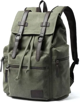 Vintage Canvas Backpack for Men Olive Green Rucksack Fit 15.6 inch Laptop Large Retro Flap Daypack for Casual Hiking Travel Commute