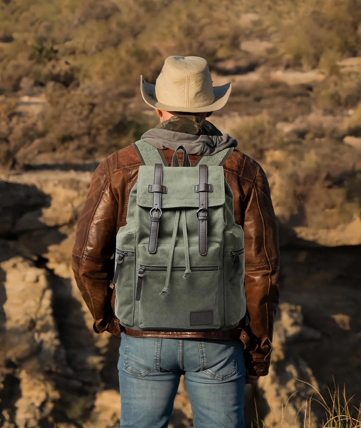 Vintage Canvas Backpack for Men Olive Green Rucksack Fit 15.6 inch Laptop Large Retro Flap Daypack for Casual Hiking Travel Commute