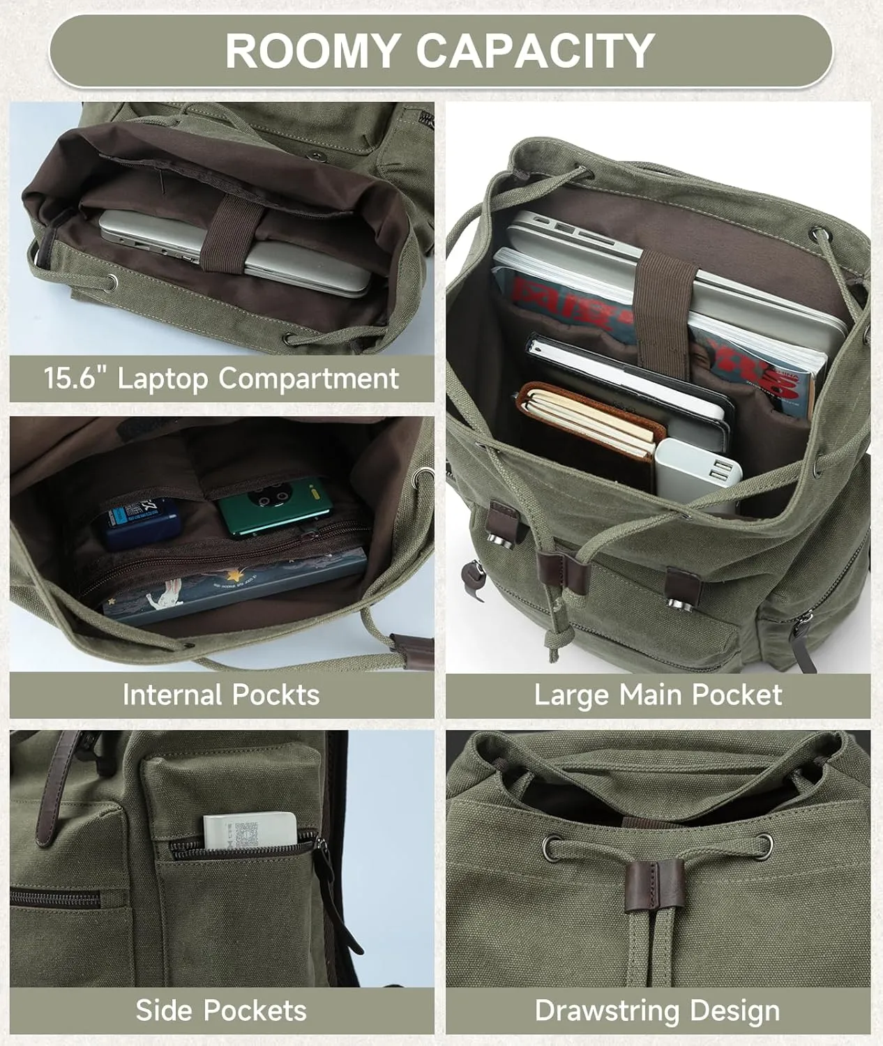 Vintage Canvas Backpack for Men Olive Green Rucksack Fit 15.6 inch Laptop Large Retro Flap Daypack for Casual Hiking Travel Commute