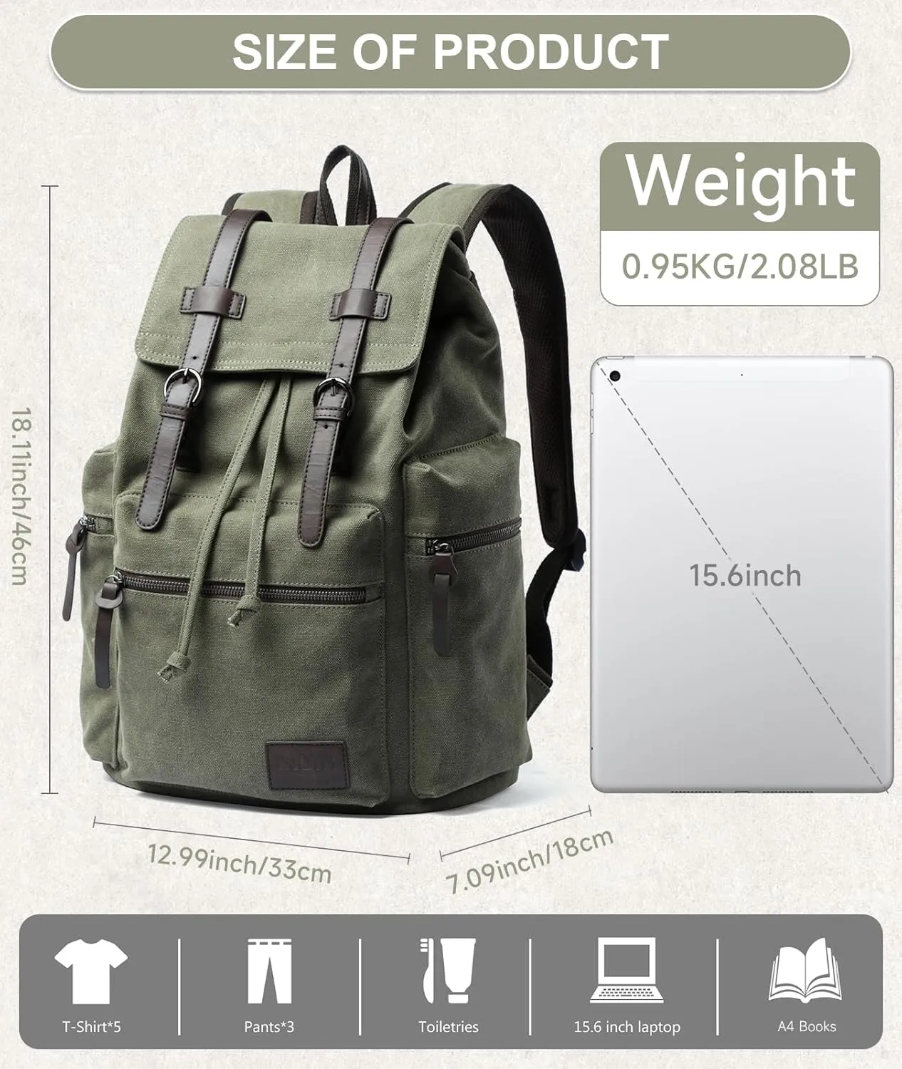 Vintage Canvas Backpack for Men Olive Green Rucksack Fit 15.6 inch Laptop Large Retro Flap Daypack for Casual Hiking Travel Commute