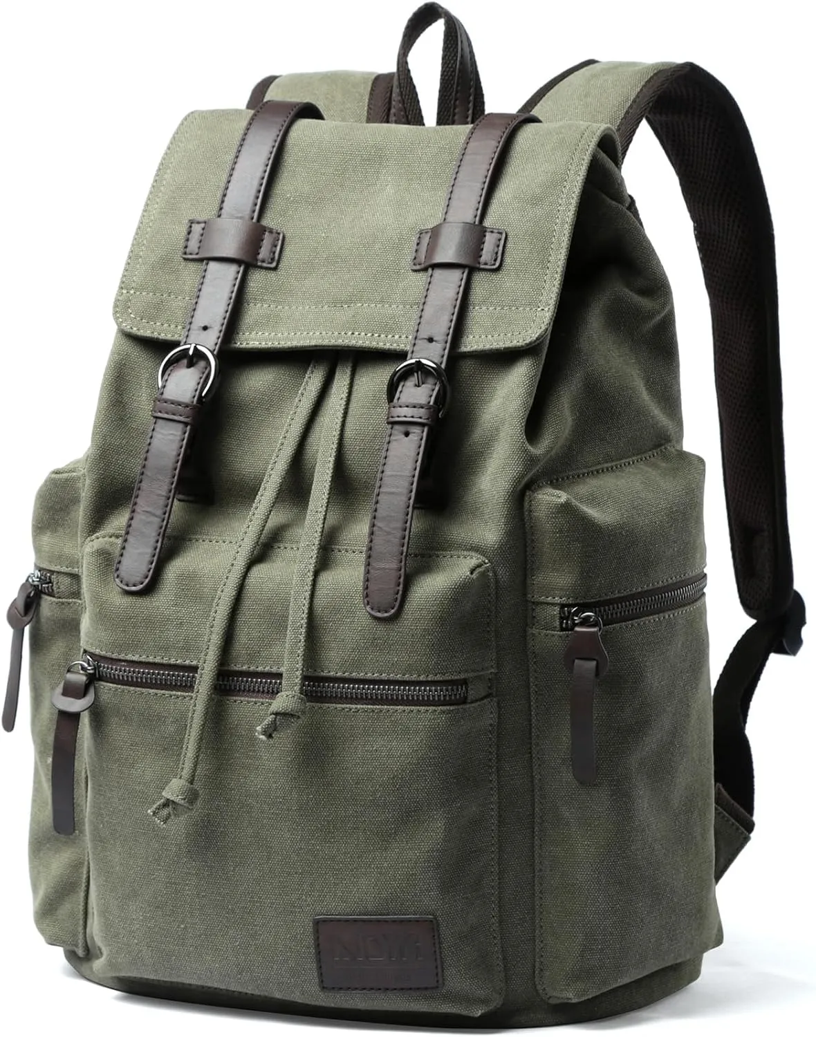 Vintage Canvas Backpack for Men Olive Green Rucksack Fit 15.6 inch Laptop Large Retro Flap Daypack for Casual Hiking Travel Commute