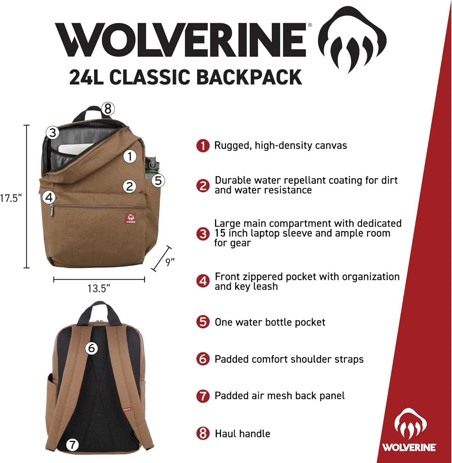 WOLVERINE Lightweight, Water Resistant Rugged Laptop Backpack for Travel or Work, Classic-Chestnut, 24L